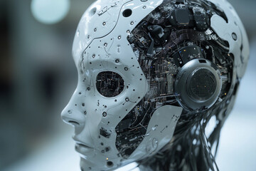 Fototapeta premium Futuristic robotic head with intricate circuitry displayed at technology expo