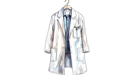 Naklejka premium Minimalist watercolor or clipart of a plain white lab coat or medical uniform hanging on a simple hook against a clean plain white background This conceptual