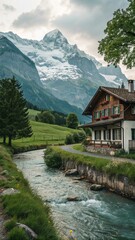 mountain landscape with lake and house