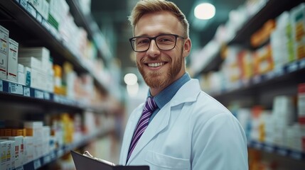 Smiling Pharmacist with Clipboard in Pharmacy Aisle, Inventory Management and Healthcare Expertise