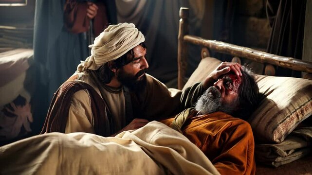 Caring for a sick person lying down. Biblical ancient times. The Gospel Parable of the Good Samaritan
