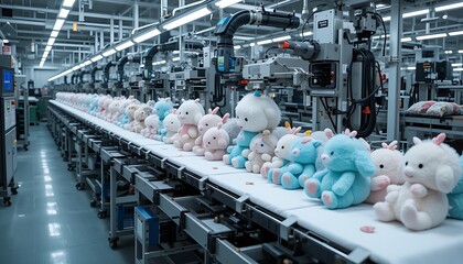 A high-tech factory assembly line producing soft plush toys with automated precision and attention to detail.

