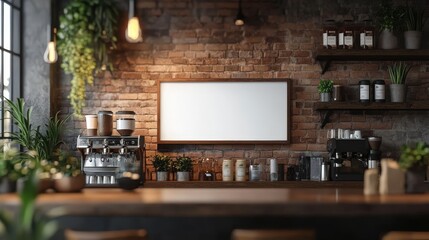 Cozy Coffee Shop Interior with Blank Menu Board and Rustic Decor Surrounded by Plants and Espresso Machine
