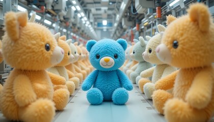 A high-tech factory assembly line producing soft plush toys with automated precision and attention to detail.
