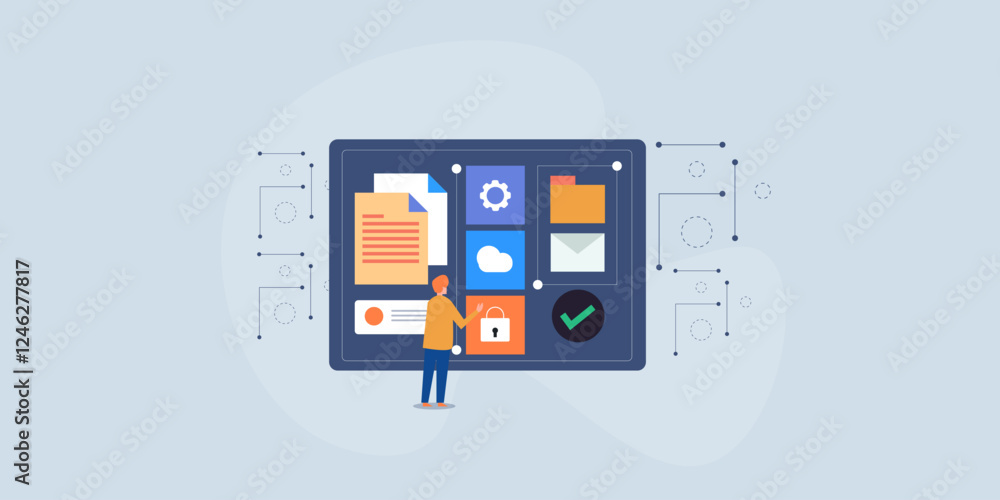 Poster software developer interacting with multiple application on screen, digital technology concept. vect