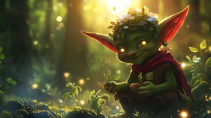 Goblin gathering herbs in a magical forest at twilight, with glowing plants and soft ethereal lights