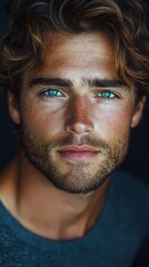 A man exudes confidence with his enchanting blue eyes and relaxed hairstyle, set against a dark backdrop. The warm lighting highlights his features, creating an intimate atmosphere