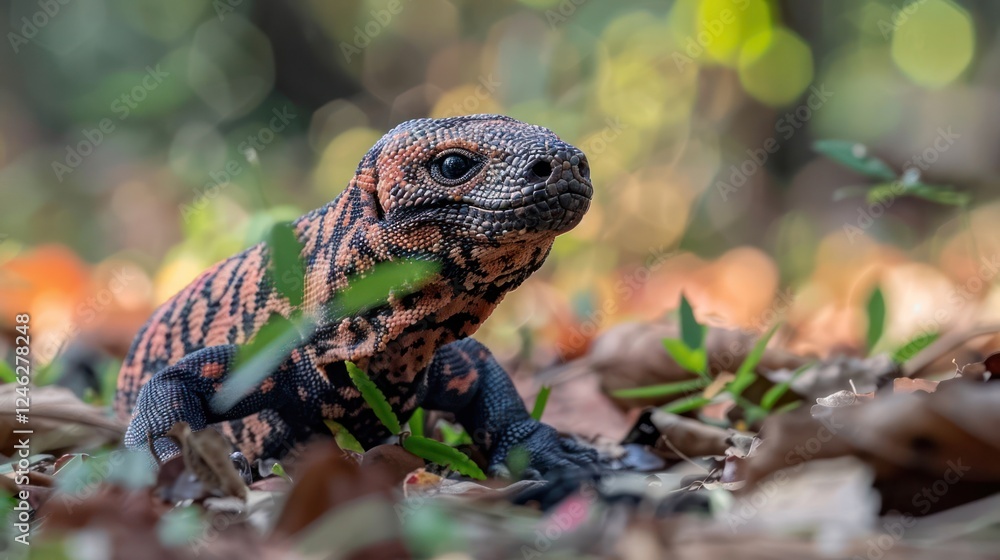 Poster close-up of a vibrant lizard exploring a lush forest floor with blurred foliage in the background