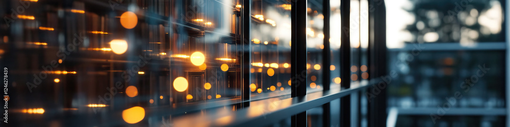 Poster glass-fronted structure with illuminated interior and bokeh effect