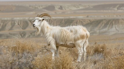 Majestic white goat standing on a dry hillside with expansive, colorful geological formations behind