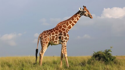 Obraz premium Majestic giraffe standing gracefully in a lush savannah under a clear blue sky