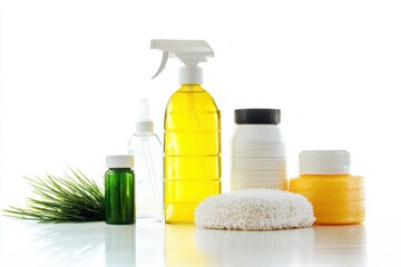 Professional cleaning products displayed in a bright studio with natural elements for household maintenance