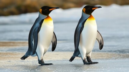 Fototapeta premium Majestic King Penguins on Icy Terrain: A Stunning Wildlife Encounter
