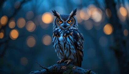Majestic owl perched at night with glowing bokeh lights