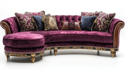 Curved purple velvet sofa with ottoman, luxurious living room setting.