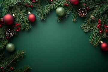 Festive Christmas border, green background, ornaments, holiday card