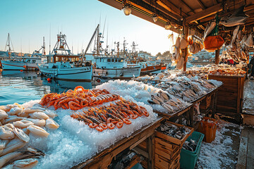 Fresh seafood on display at a bustling harbor-side fish market under warm morning light