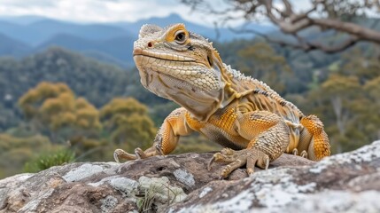 Obraz premium Close-up of a vibrant lizard basking on a rock with a mountainous landscape in the background