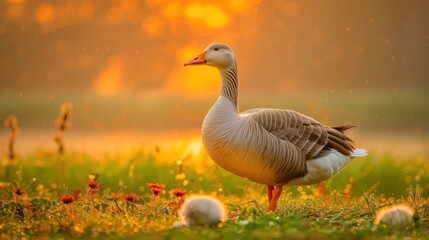 Obraz premium Serene goose standing gracefully in a vibrant sunset meadow with blooming flowers and soft light