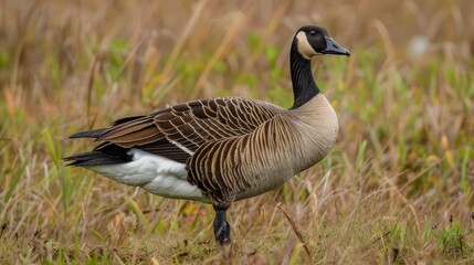Obraz premium A majestic goose stands gracefully in a vibrant grassland, surrounded by soft, blurred foliage