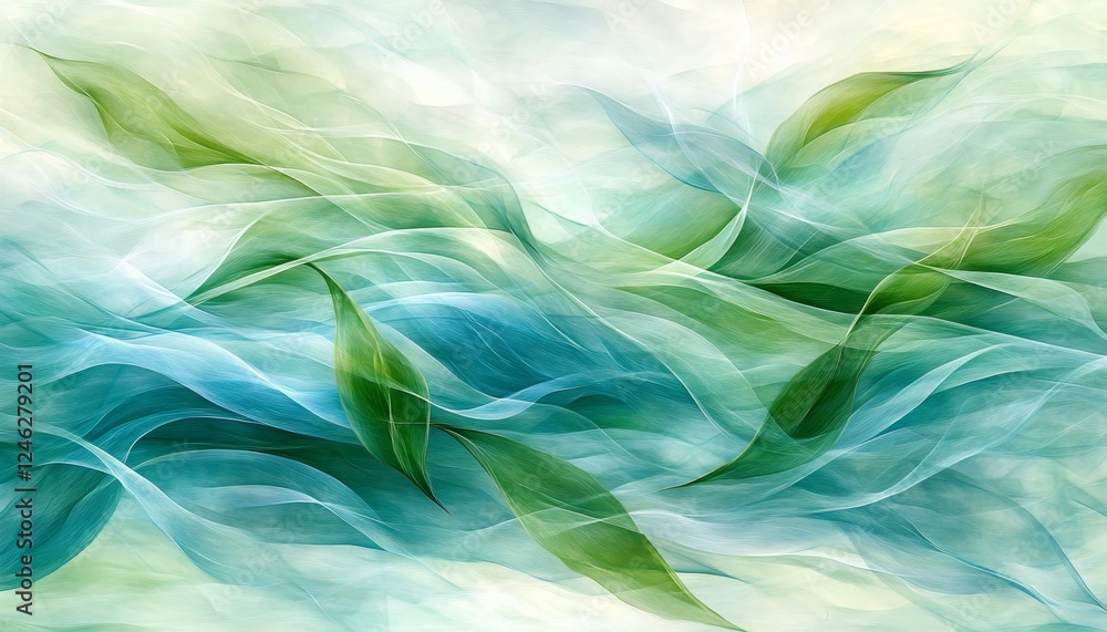Poster abstract flowing aqua and chartreuse hues with subtle particle effects, vector design, crisp details