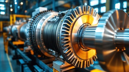 Fototapeta premium Close-up of a large industrial turbine rotor assembly in a factory setting.