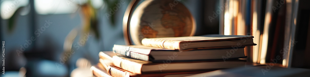 Poster stack of books with globe and bookshelf background