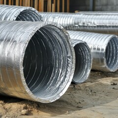 Flexible duct installation process showcasing various lengths and styles in a construction setting