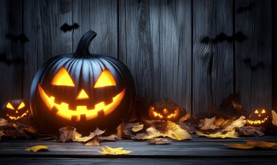 Obraz premium Glowing Halloween pumpkins with autumn leaves on a wooden surface against a dark, rustic background