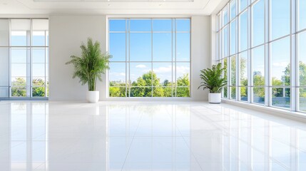 Obraz premium Modern office lobby with large windows, city view, plants