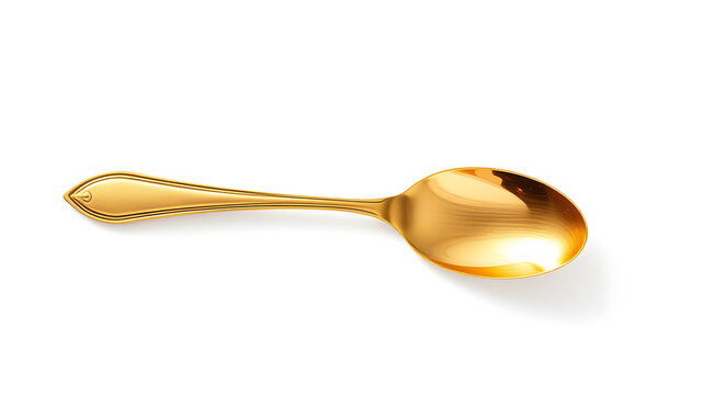 One shiny golden spoon isolated on white background, top view. Generative AI