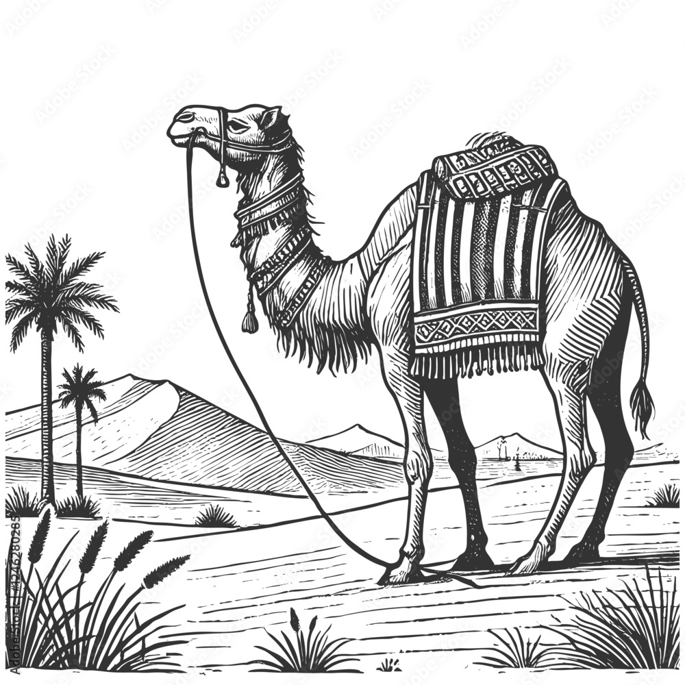 Poster camel in a desert setting with mountains, palm trees, and a distant settlement under a setting sun s
