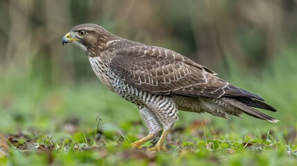 Obraz premium A close-up view of a hawk standing on green grass with a blurred natural background