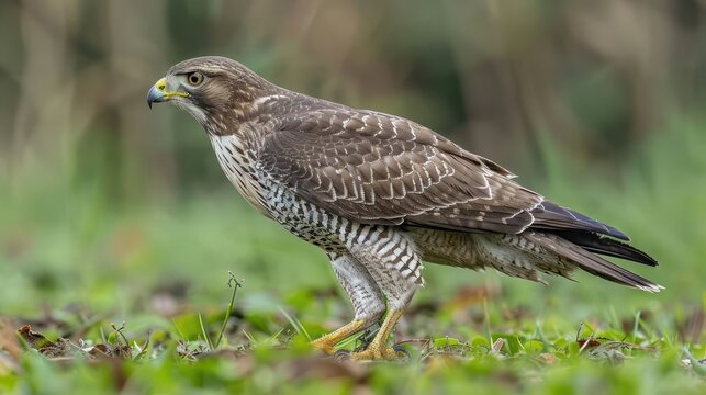A close-up view of a hawk standing on green grass with a blurred natural background
