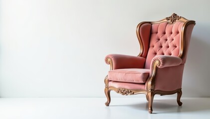 Ornate armchair with soft, velvety upholstery, set against a pristine white backdrop, refined, armchair