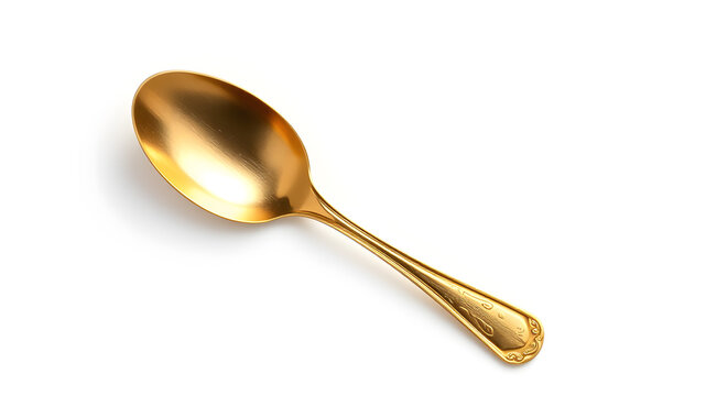 One shiny golden spoon isolated on white background, top view. Generative AI