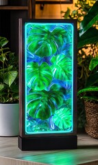 Glowing monstera leaf lamp on table with plants in background, ideal for home decor