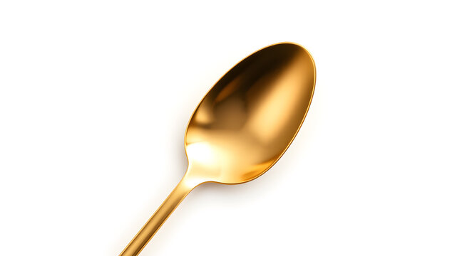 One shiny golden spoon isolated on white background, top view. Generative AI