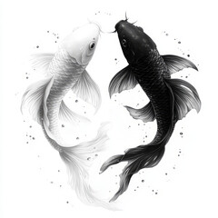 Stylized black and white illustration of koi fish swimming in a heart shape