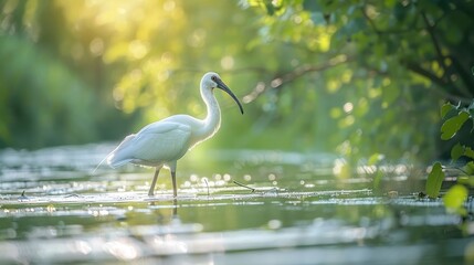 Elegant white bird wading through tranquil waters surrounded by lush greenery at sunrise