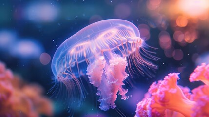 Obraz premium Ethereal jellyfish gracefully floating among vibrant coral in a serene underwater scene