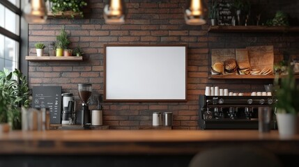 Cozy Coffee Shop Interior with Blank Menu Board and Stylish Decor Featuring Espresso Machine and Sandwiches on Display