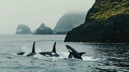 Fototapeta premium Three whales breach ocean near misty cliffs.
