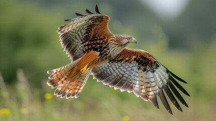 Fototapeta premium Majestic red kite soaring gracefully over a lush green landscape with wildflowers in bloom