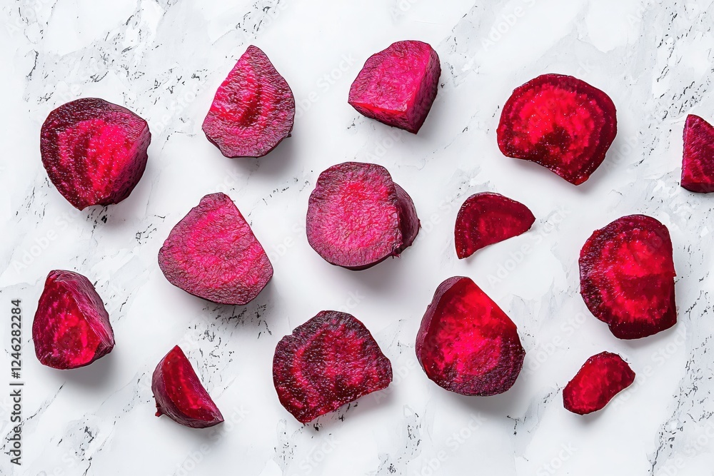 Poster sliced beet pieces on marble surface showing rich color and texture in a flat lay style