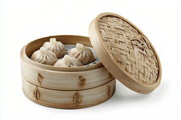 Fototapeta premium Steaming Dumplings in Bamboo Steamer A Culinary Delight of Asian Cuisine on White Backdrop
