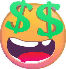 A cartoon emoji with dollar signs for eyes and a wide smile.