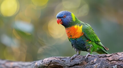 Vibrant rainbow lorikeet perched on a branch amidst a blurred green background, showcasing nature's beauty