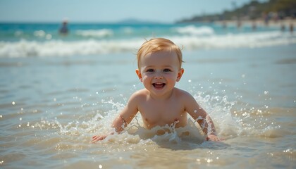 A cheerful baby splashing and playing in shallow beach water under the warm summer sun, enjoying the seaside vacation.
