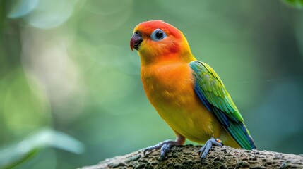 Fototapeta premium Colorful parrot perched on a branch amidst a lush, blurred green background in nature